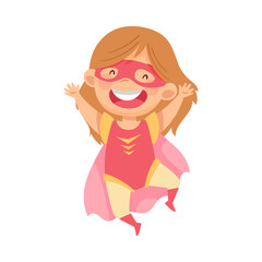 Beaming Girl Wearing Costume of Superhero Jumping High Pretending Having Power for Fighting Crime Vector Illustration
