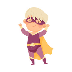 Little Boy Wearing Cape and Mask as Superhero Pretending Having Power for Fighting Crime Vector Illustration