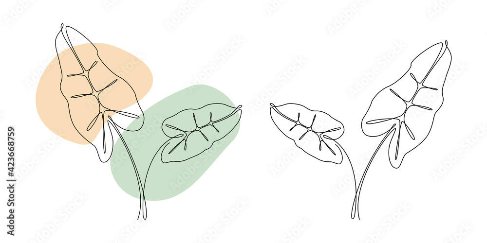 Poster vector palm leaves in line art style. continuous one line drawing with abstract pastel shape. minima
