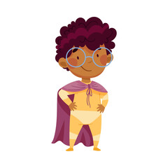 Pretty African American Boy Wearing Cape as Superhero Standing with His Hands on Hips Pretending Having Power for Fighting Crime Vector Illustration