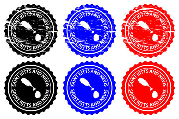 Saint Kitts and Nevis - rubber stamp - vector, Federation of Saint Christopher and Nevis island map pattern - sticker - black, blue, and red