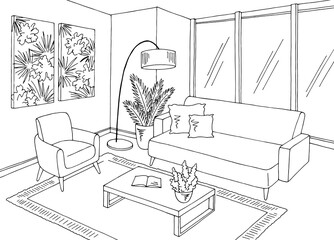 Fototapeta premium Living room graphic black white home interior sketch illustration vector 
