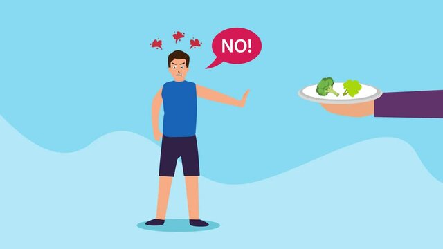 Angry man saying no to healthy food on the plate