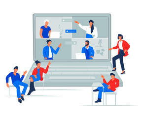 Business video group conference or team meeting online. Business business team using laptop for a online meeting or training  in video call, flat vector illustration isolated on white background.