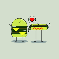 Cute double cheese burger and hotdog with love Illustration. modern simple food vector icon, flat graphic symbol in trendy flat design style. food character