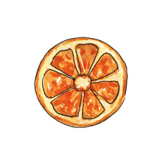 Orange slice isolated on a white background. Vitamin C. The illustration is hand-drawn in watercolor. The contour is outlined with a live line.
