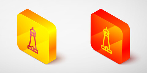 Isometric line Mosque tower or minaret icon isolated on grey background. Yellow and orange square button. Vector