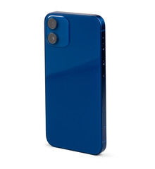 Back view of blue modern smartphone isolated on white background