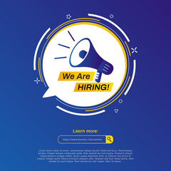 Hiring recruitment social media post design. Badge job vacancy template on blue background. Modern vector illustration with megaphone and hiring text on shape circle