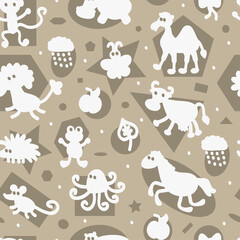 Monochrome Seamless pattern with funny cartoon animal silhouettes. Kids wallpaper.