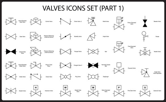Valve engineering symbol set. Collection of shut-off and control valves icons