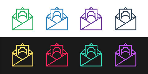 Set line Envelope with coin dollar symbol icon isolated on black and white background. Salary increase, money payroll, compensation income. Vector