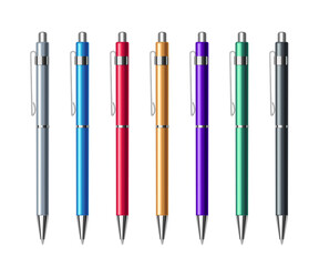 Set of colorful automatic ballpoint pens in metallic case. Vector illustration