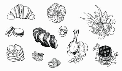 Set of French cuisine dishes. Line art. White background, isolate. Vector illustration.