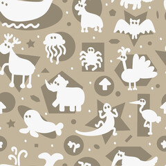Monochrome Seamless pattern with funny cartoon animal silhouettes. Kids wallpaper.