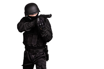 Armed police officer in protective cask with a pistol. Isolated on white.