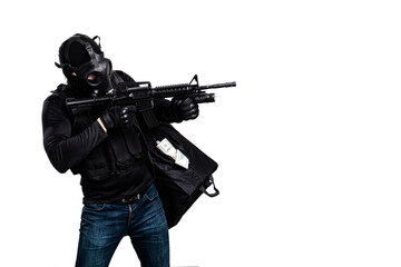 robber with a gun and a bag of money isolated on white background