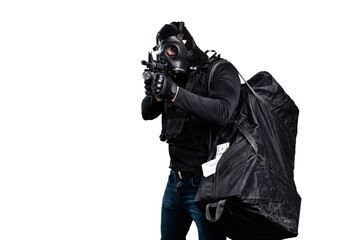 robber with a gun and a bag of money isolated on white background