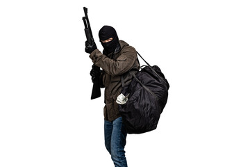 robber with a gun and a bag of money isolated on white background - 423671778