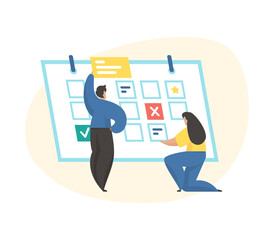 Business planning, time management, timetable. Male and female cartoon characters planning work. Planning stickers, events, schedule concept. Flat vector illustration