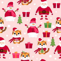 Seamless pattern with snowman, Santa Claus, tiger, gift box, Christmas tree. 2022 seamless holiday background. New year design. 2022 year of the tiger. Seamless pattern with Christmas symbols