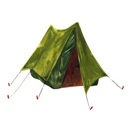 Vintage field tent. Traveling equipment. Green tent with  pegs. Watercolor hand drawn illustration isolated object.