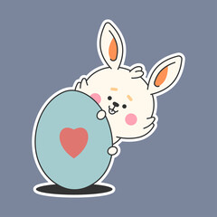 Easter bunny with egg vector cartoon sticker isolated on background.
