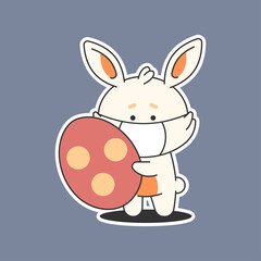 Easter bunny in medical mask and with egg vector cartoon sticker isolated on background.