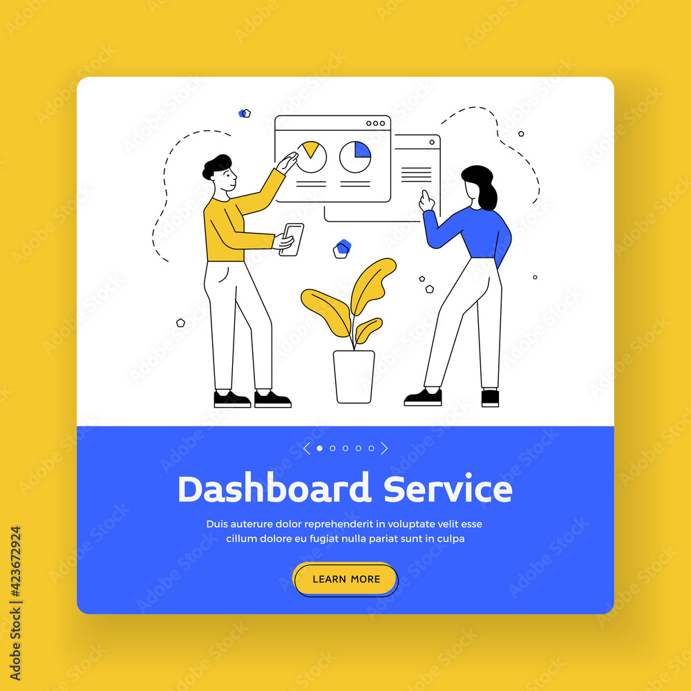Poster dashboard service square banner template. vector illustration of linear cartoon characters adjusting