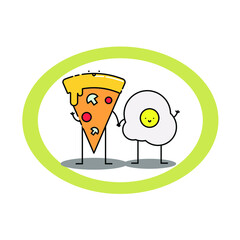 Cute pizza and egg Illustration. modern simple food vector icon, flat graphic symbol in trendy flat design style. food character