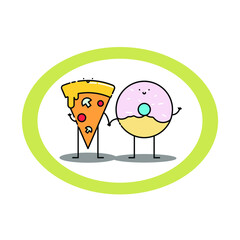 Cute pizza and donut Illustration. modern simple food vector icon, flat graphic symbol in trendy flat design style. food character