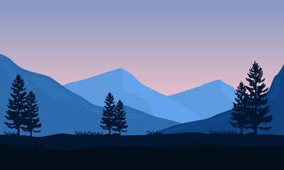 Fresh morning atmosphere in the countryside with beautiful mountain views at sunrise. Vector illustration