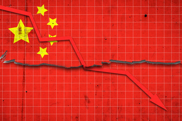 Fall of the China Economy. Recession graph with a red arrow on the China flag. Economic decline. Decline in the economy of stock trading. Downward trends in the economy.