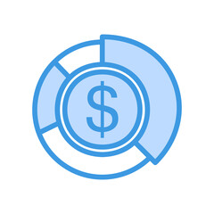 Pie chart money icon vector illustration in blue style about marketing and growth for any projects