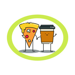 Cute pizza and coffee Illustration. modern simple food vector icon, flat graphic symbol in trendy flat design style. food character