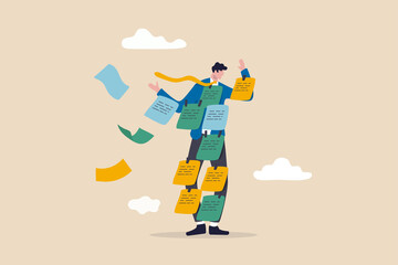 Too many ideas, overworked or busy schedule and reminders, procrastination or multi-tasking workaholic concept, busy tried businessman cover with adhesive reminder sticky notes on him.