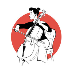 Cellist on chair in sketch style. Female musician with violoncello on white background. Orchestra performer playing cello.