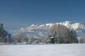 Winter mountain panorama in Schaan in Liechtenstein 16.1.2021