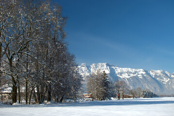 Winter mountain panorama in Schaan in Liechtenstein 16.1.2021