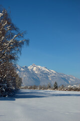 Winter mountain panorama in Schaan in Liechtenstein 16.1.2021