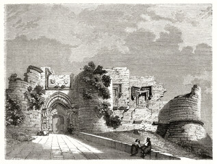 Grand Master palace gate stone ruins in Rhodes. Ancient grey tone etching style art by unidentified author, Le Tour du Monde, 1862