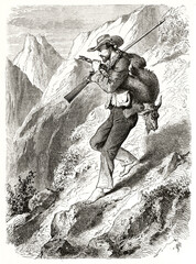 roe hunter descending barefoot from steep mountain path with prey on shoulder in Reunion island. Ancient grey tone etching style art by Janet Lange, Le Tour du Monde, 1862