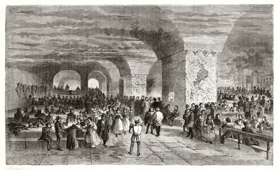 very large Royal brewery in Munich, Germany, under a stone arched porch. Ancient grey tone etching style art by Lancelot, Le Tour du Monde, 1862