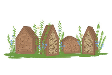 Vector illustration of insect hotel in the garden. View of wooden bee houses on the lawn with flowers and plants. © Kristina Maikova