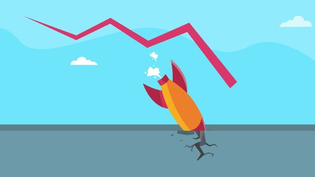 Startup rocket fall on ground with declining arrow