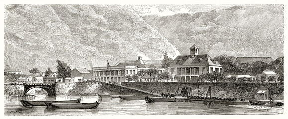 Saint Denis docking, part of colonial buildings and mountains far in the distance in Reunion island. Ancient grey tone etching style art by Riou, Le Tour du Monde, 1862