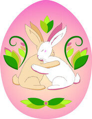 Obraz premium Two rabbits hug each other with their paws. Bunnies with raised ears. 