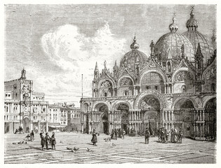 San Marco (St Mark's Basilica), Venice, Italy. Part of the fronting square and other prestigious buildings. Ancient grey tone etching style art by Maurand, Le Tour du Monde, 1862 - 423676133