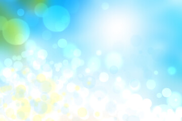 Hello spring background. Abstract bright spring or summer landscape texture with natural green yellow bokeh lights and sunshine on blue sky. Beautiful backdrop with space.