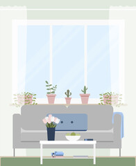 Cosy living room in the apartment in the city. Flat illustration. Perfect for internet publication or printing.